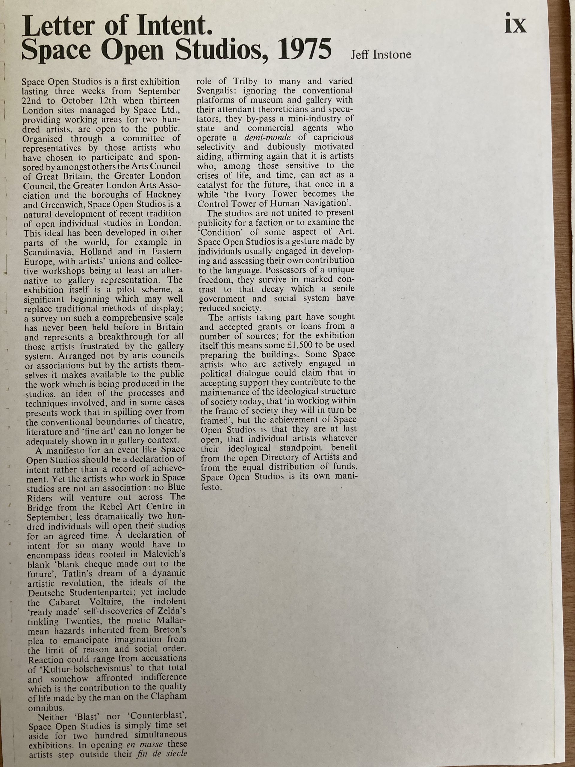 Jeff Instone letter of intent space open studios 1975
